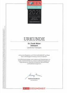 Zahngesundheit im Loretto - FOCUS Urkunde - Dr. Frank Maier